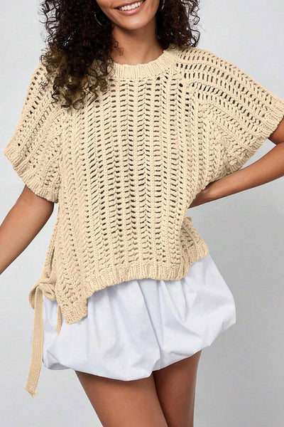 Women's Apricot Open Knit Short Sleeve Sweater with Side Bows