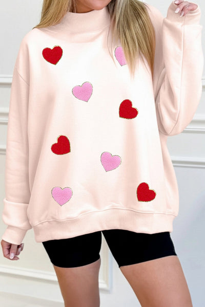 Women's Apricot Pink Chenille Mock Neck Heart Sweatshirt