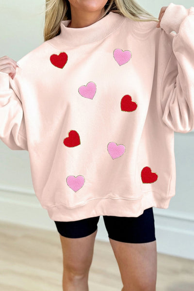 Women's Apricot Pink Chenille Mock Neck Heart Sweatshirt