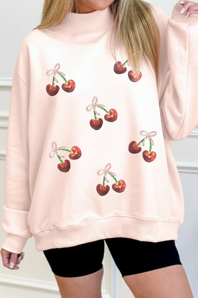 Women's Apricot Pink Sequin Cherry Bow Mock Neck Sweatshirt