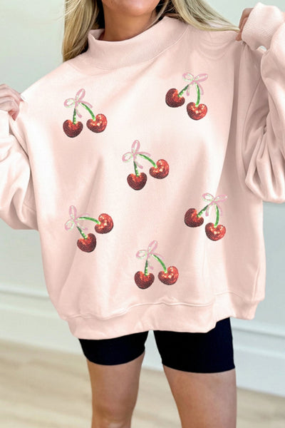 Women's Apricot Pink Sequin Cherry Bow Mock Neck Sweatshirt