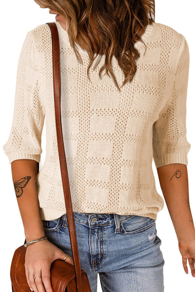 Women's Apricot Plaid Crochet Short Sleeve Knit Sweater