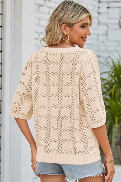 Women's Apricot Plaid Crochet Short Sleeve Knit Sweater