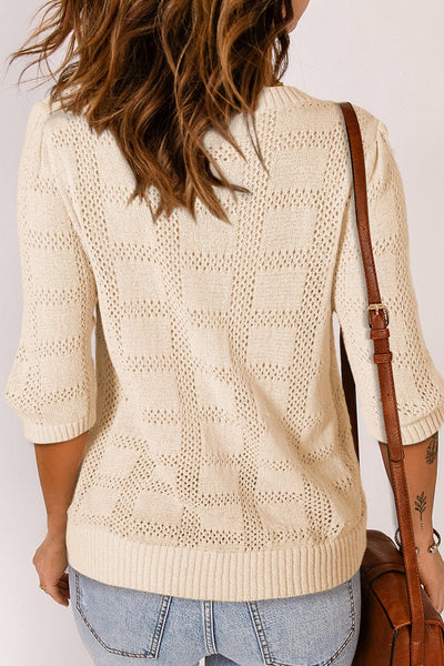 Women's Apricot Plaid Crochet Short Sleeve Knit Sweater