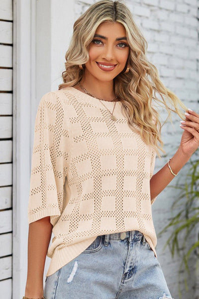 Women's Apricot Plaid Crochet Short Sleeve Knit Sweater