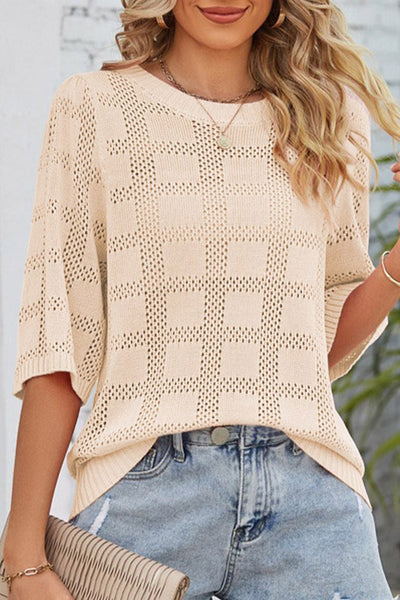 Women's Apricot Plaid Crochet Short Sleeve Knit Sweater