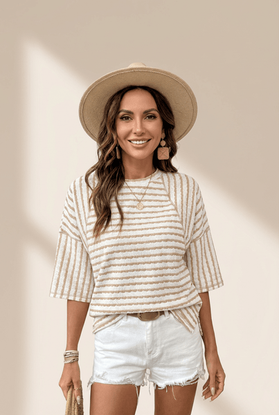 Women's Apricot Striped Knit Top with Half Sleeves