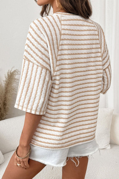Women's Apricot Striped Knit Top with Half Sleeves