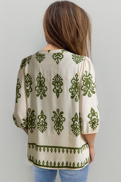Women's Apricot Viscose Puff Sleeve Blouse with Olive Damask Print