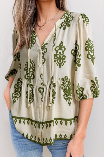 Women's Apricot Viscose Puff Sleeve Blouse with Olive Damask Print