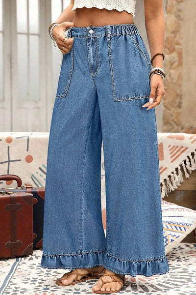 Women's Ashleigh Blue Ruffled Wide Leg Denim Plus Size Pants