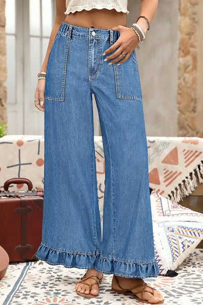 Women's Ashleigh Blue Ruffled Wide Leg Denim Plus Size Pants