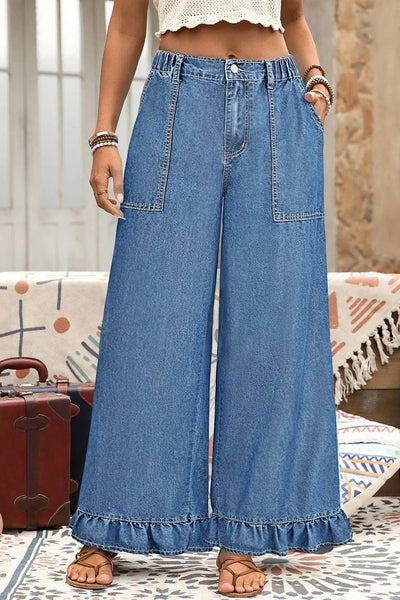 Women's Ashleigh Blue Ruffled Wide Leg Denim Plus Size Pants