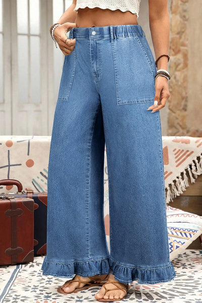 Women's Ashleigh Blue Ruffled Wide Leg Denim Plus Size Pants