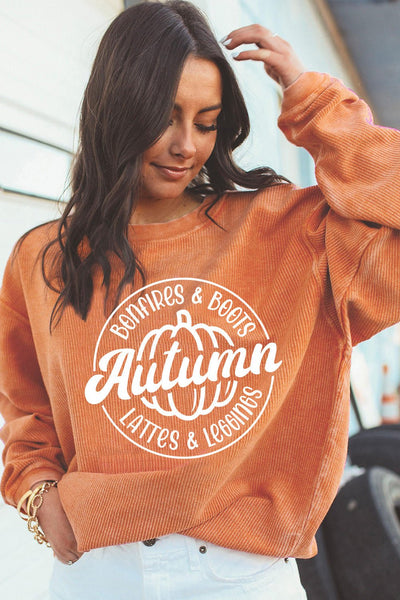 Women's Autumn Graphic Pumpkin Corduroy Sweatshirt in Rust Orange