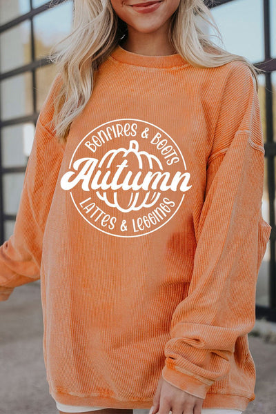 Women's Autumn Graphic Pumpkin Corduroy Sweatshirt in Rust Orange