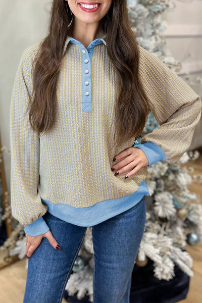 Women's Beau Blue Jacquard Henley Sweatshirt with Button Placket