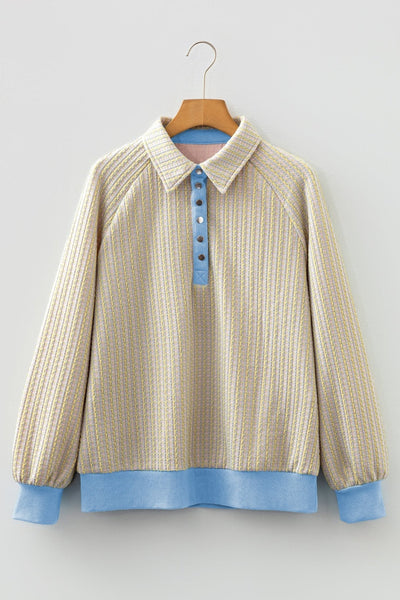 Women's Beau Blue Jacquard Henley Sweatshirt with Button Placket