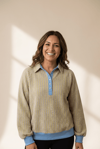 Women's Beau Blue Jacquard Henley Sweatshirt with Button Placket