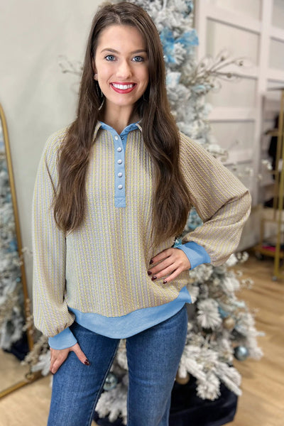 Women's Beau Blue Jacquard Henley Sweatshirt with Button Placket