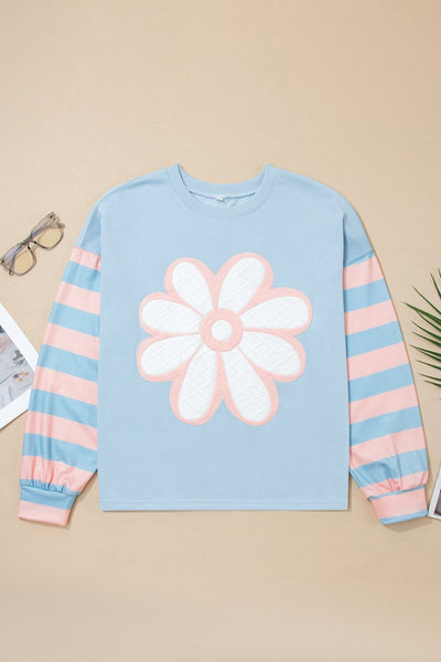 Women's Beau Blue Quilted Floral Patch Top with Striped Drop Sleeves