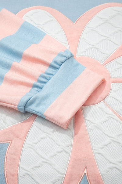 Women's Beau Blue Quilted Floral Patch Top with Striped Drop Sleeves