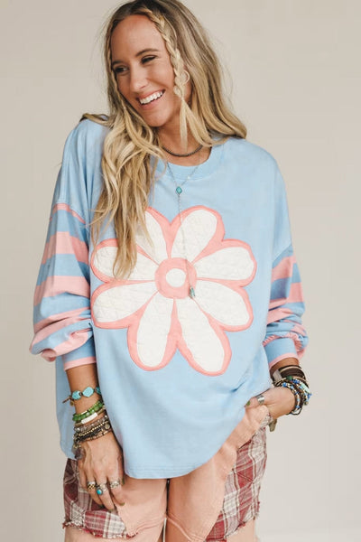 Women's Beau Blue Quilted Floral Patch Top with Striped Drop Sleeves