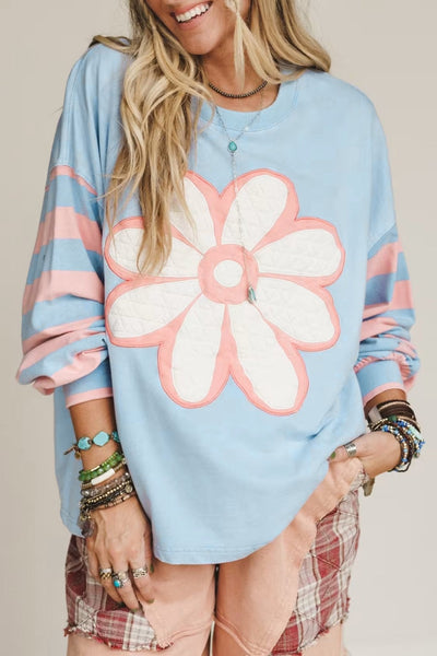 Women's Beau Blue Quilted Floral Patch Top with Striped Drop Sleeves