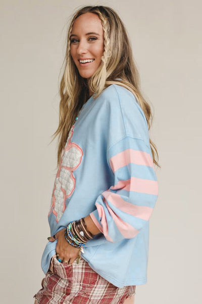 Women's Beau Blue Quilted Floral Patch Top with Striped Drop Sleeves