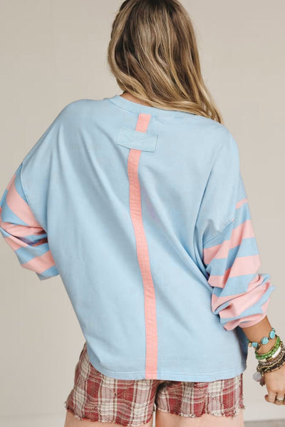 Women's Beau Blue Quilted Floral Patch Top with Striped Drop Sleeves