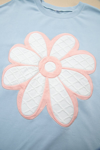 Women's Beau Blue Quilted Floral Patch Top with Striped Drop Sleeves