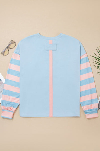Women's Beau Blue Quilted Floral Patch Top with Striped Drop Sleeves