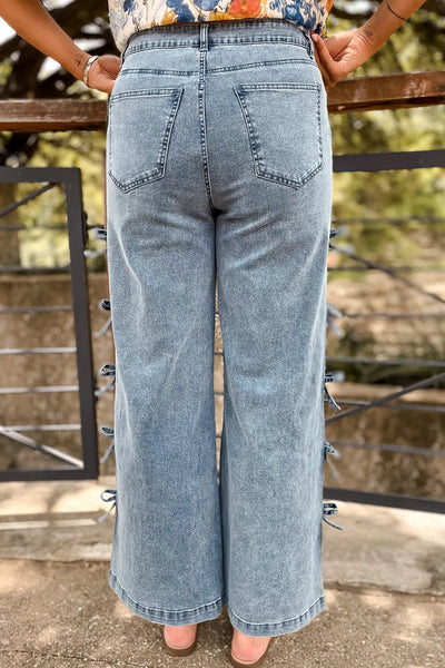 Women's Beau Blue Side-Bow Detail Wide Leg Jeans