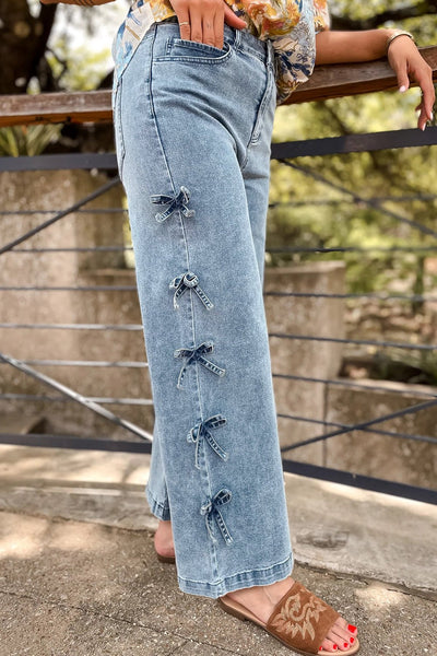 Women's Beau Blue Side-Bow Detail Wide Leg Jeans