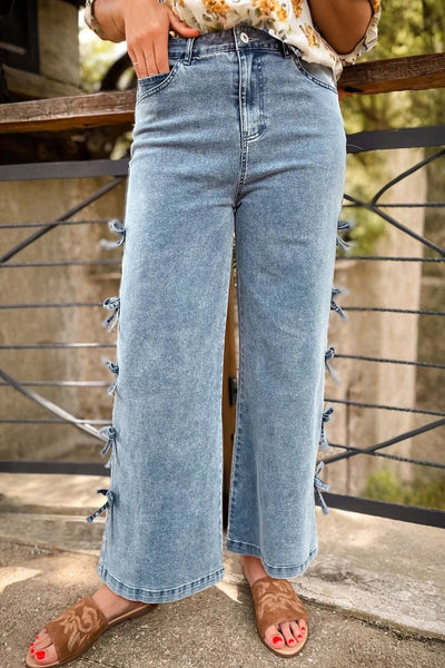 Women's Beau Blue Side-Bow Detail Wide Leg Jeans