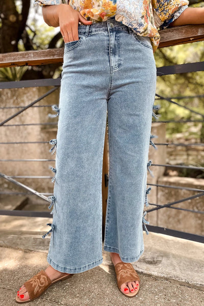 Women's Beau Blue Side-Bow Detail Wide Leg Jeans