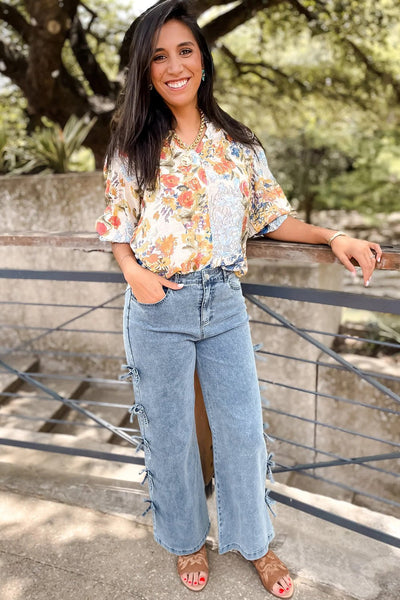 Women's Beau Blue Side-Bow Detail Wide Leg Jeans
