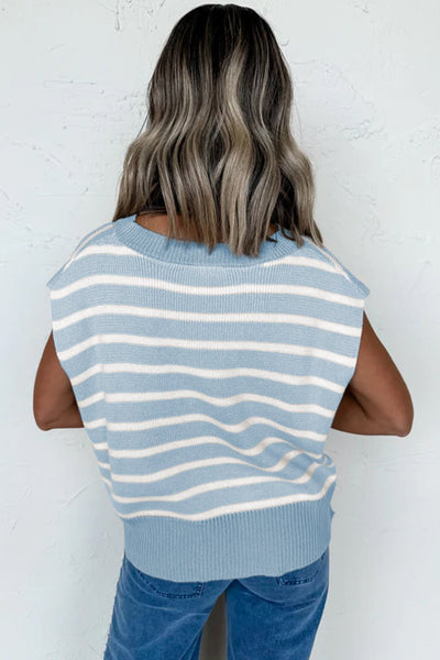 Women's Beau Blue Striped Short Sleeve Knit Sweater Tee