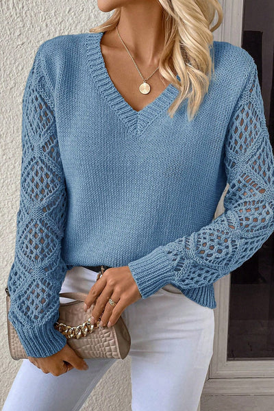 Women's Beau Blue V-Neck Pointelle Knit Sweater with Contrast Sleeves