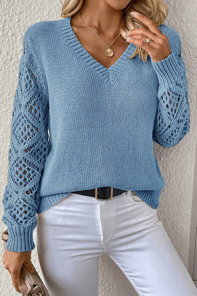 Women's Beau Blue V-Neck Pointelle Knit Sweater with Contrast Sleeves