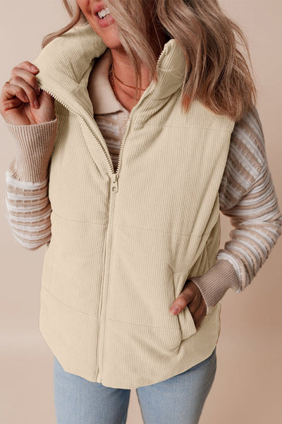 Women's Beige Corduroy Stand Neck Puffer Vest with Zipper