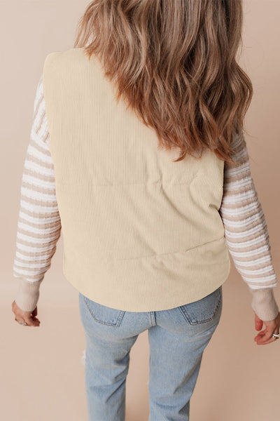 Women's Beige Corduroy Stand Neck Puffer Vest with Zipper