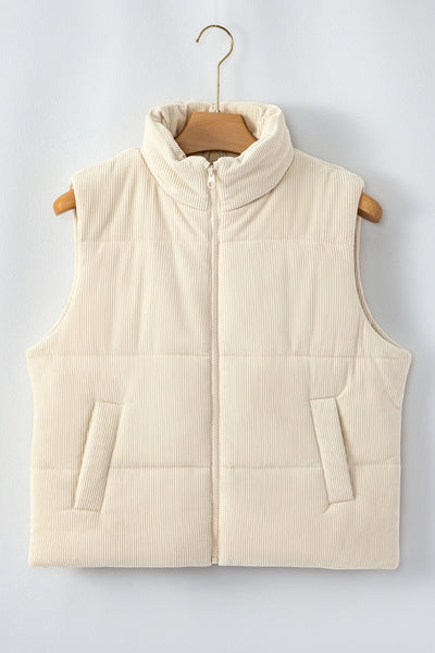 Women's Beige Corduroy Stand Neck Puffer Vest with Zipper