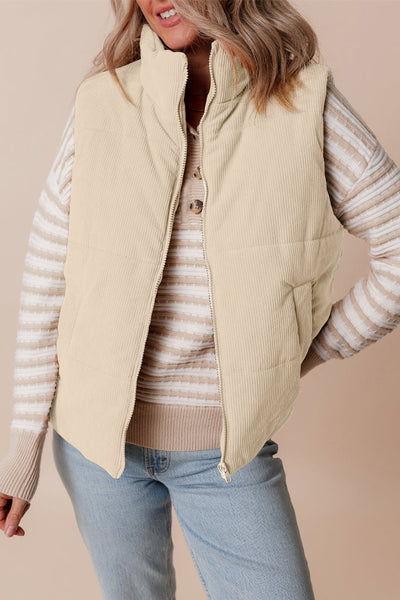Women's Beige Corduroy Stand Neck Puffer Vest with Zipper