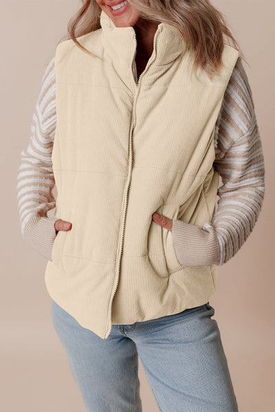 Women's Beige Corduroy Stand Neck Puffer Vest with Zipper