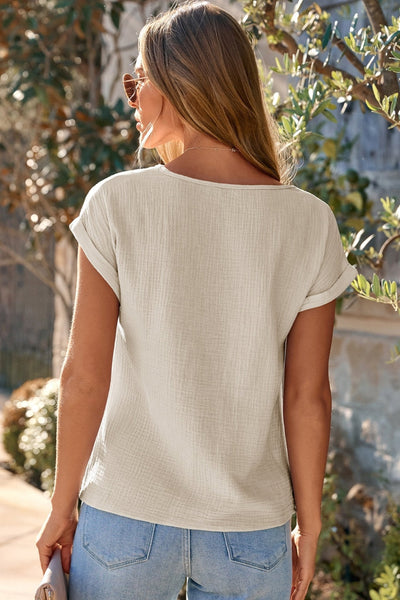 Women's Beige Cotton Gauze Blouse with Crochet Lace Inserts