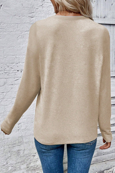 Women's Beige Leopard Contrast Raglan Sleeve Knit Blouse