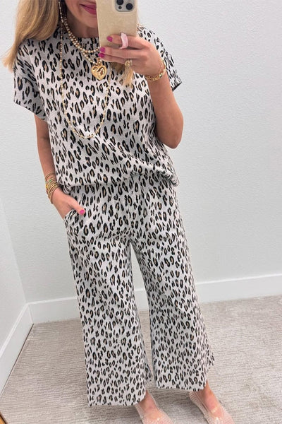 Women's Beige Leopard Print Knit Two-Piece Pant Set