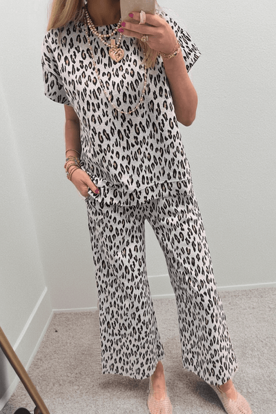 Women's Beige Leopard Print Knit Two-Piece Pant Set