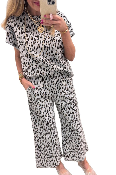 Women's Beige Leopard Print Knit Two-Piece Pant Set
